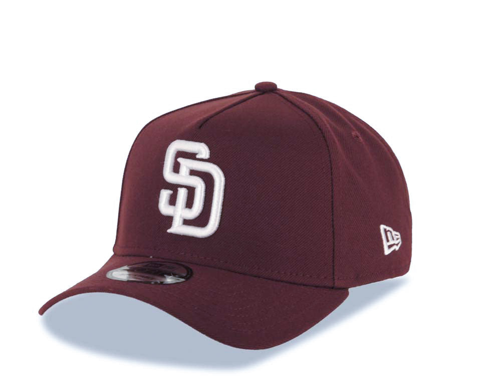 San Diego Padres New Era MLB 9FORTY 940 Adjustable A-Frame Cap Hat Maroon Crown/Visor White Logo 25th Anniversary Side Patch Gray UV