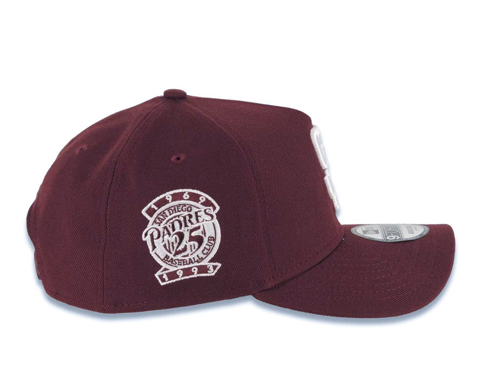 San Diego Padres New Era MLB 9FORTY 940 Adjustable A-Frame Cap Hat Maroon Crown/Visor White Logo 25th Anniversary Side Patch Gray UV