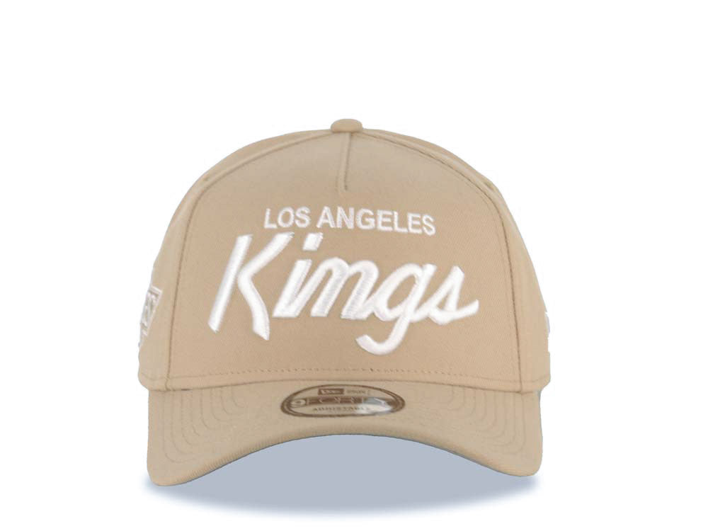 Los Angeles Kings New Era NHL 9FORTY 940 Adjustable A-Frame Cap Hat Khaki Crown/Visor White Text/Script Logo Gray UV