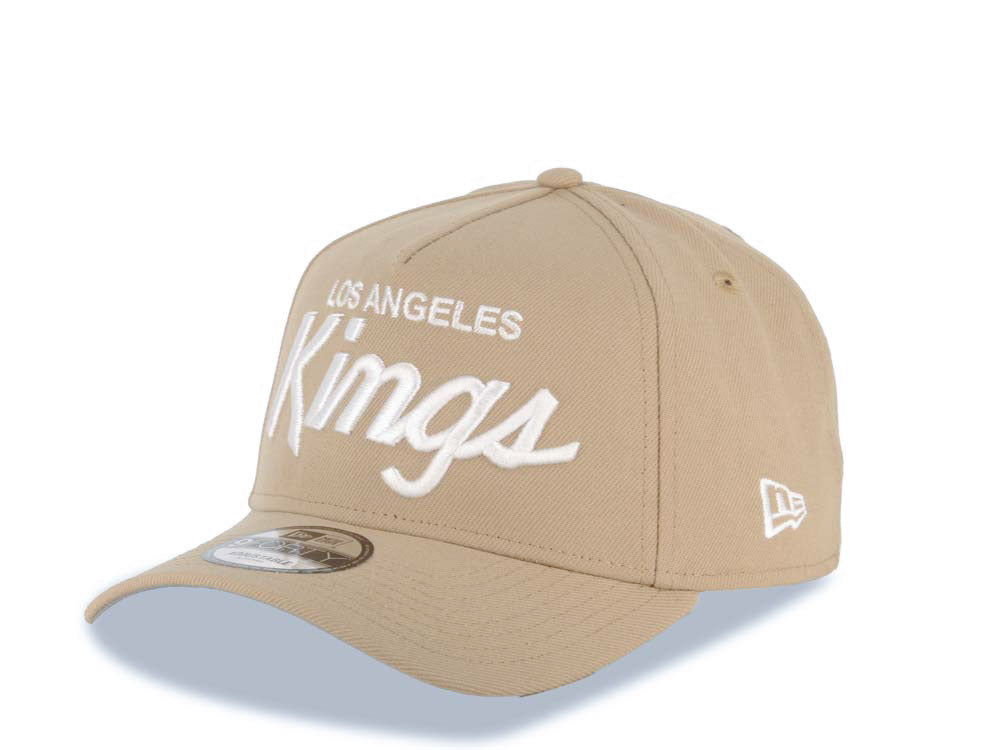 Los Angeles Kings New Era NHL 9FORTY 940 Adjustable A-Frame Cap Hat Khaki Crown/Visor White Text/Script Logo Gray UV
