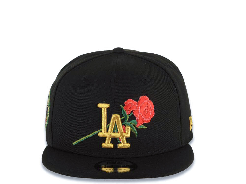 Los Angeles Dodgers New Era MLB 9FIFTY 950 Snapback Cap Hat Black Crown/Visor Metallic Gold/Red Logo With Rose World Series Side Patch