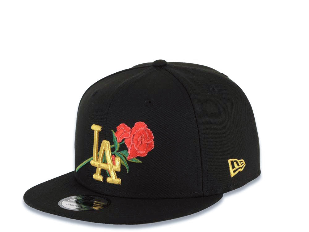 Los Angeles Dodgers New Era MLB 9FIFTY 950 Snapback Cap Hat Black Crown/Visor Metallic Gold/Red Logo With Rose World Series Side Patch