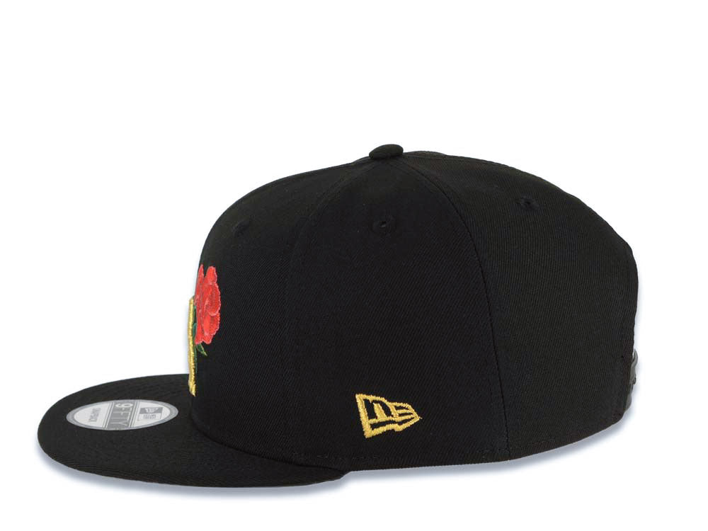 Los Angeles Dodgers New Era MLB 9FIFTY 950 Snapback Cap Hat Black Crown/Visor Metallic Gold/Red Logo With Rose World Series Side Patch