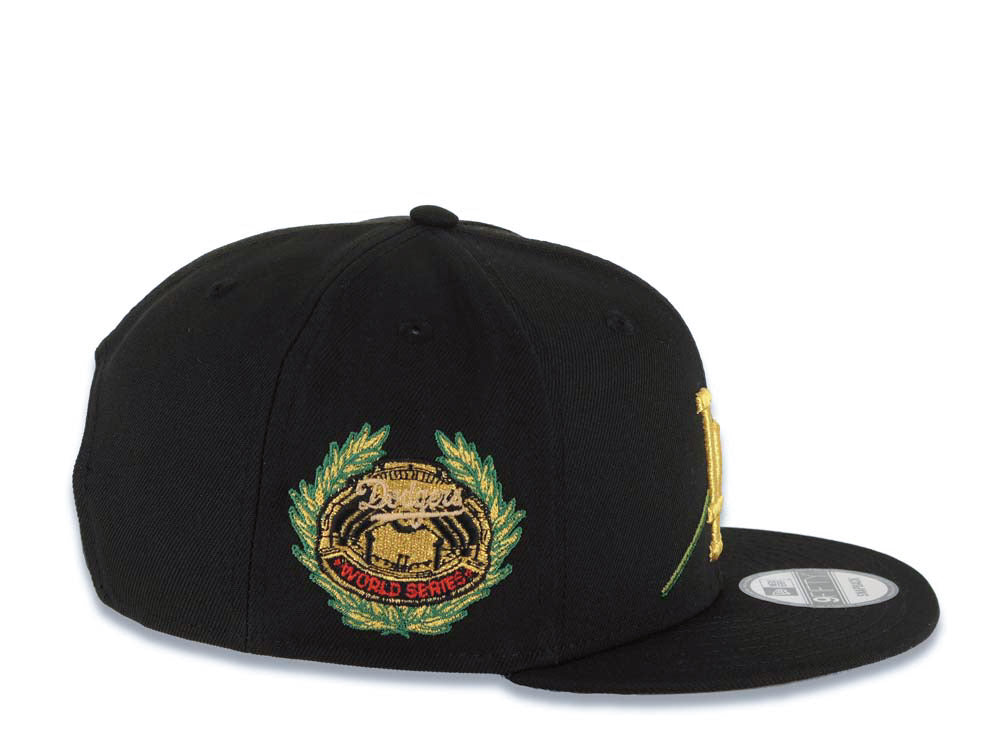 Los Angeles Dodgers New Era MLB 9FIFTY 950 Snapback Cap Hat Black Crown/Visor Metallic Gold/Red Logo With Rose World Series Side Patch