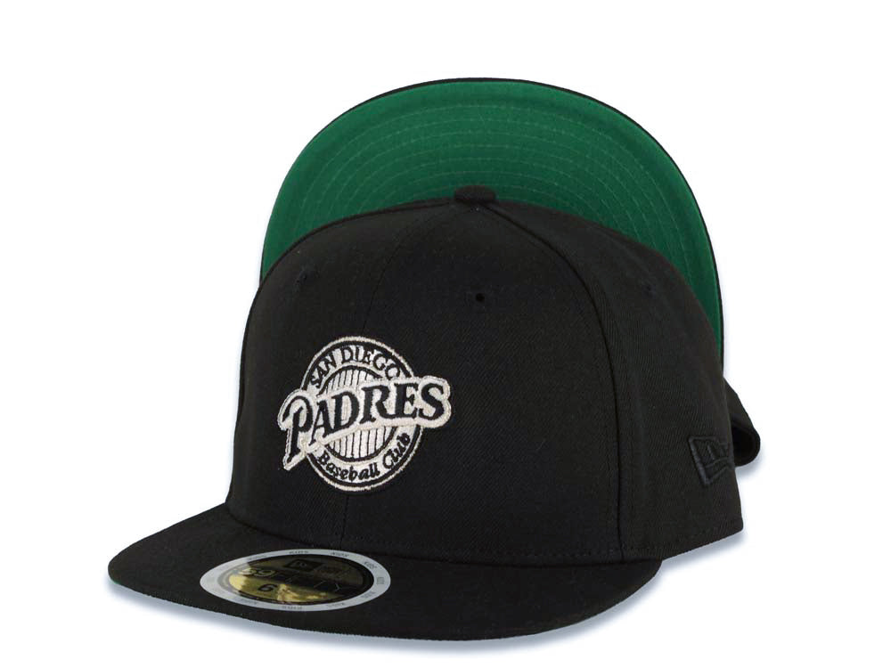 (Youth) San Diego Padres New Era MLB 59FIFTY 5950 Kid Fitted Cap Hat Black Crown/Visor White/Black Baseball Club Logo Green UV