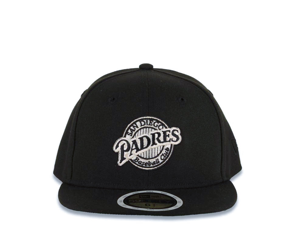 (Youth) San Diego Padres New Era MLB 59FIFTY 5950 Kid Fitted Cap Hat Black Crown/Visor White/Black Baseball Club Logo Green UV