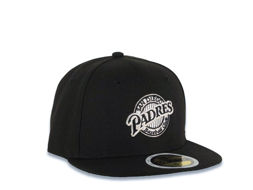 (Youth) San Diego Padres New Era MLB 59FIFTY 5950 Kid Fitted Cap Hat Black Crown/Visor White/Black Baseball Club Logo Green UV