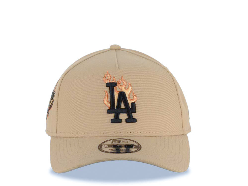 Los Angeles Dodgers New Era MLB 9FORTY 940 AdjustableA-Frame Cap Hat Khaki Crown/Visor Black With Metallic Orange Fire Logo Stadium Side Patch Gray UV