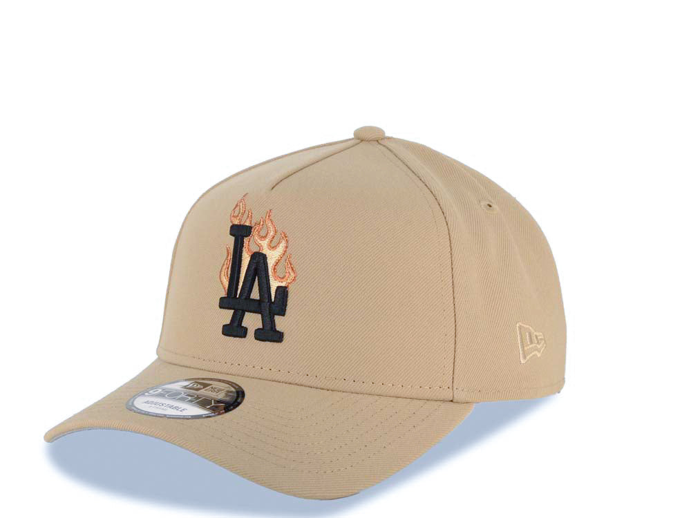 Los Angeles Dodgers New Era MLB 9FORTY 940 AdjustableA-Frame Cap Hat Khaki Crown/Visor Black With Metallic Orange Fire Logo Stadium Side Patch Gray UV
