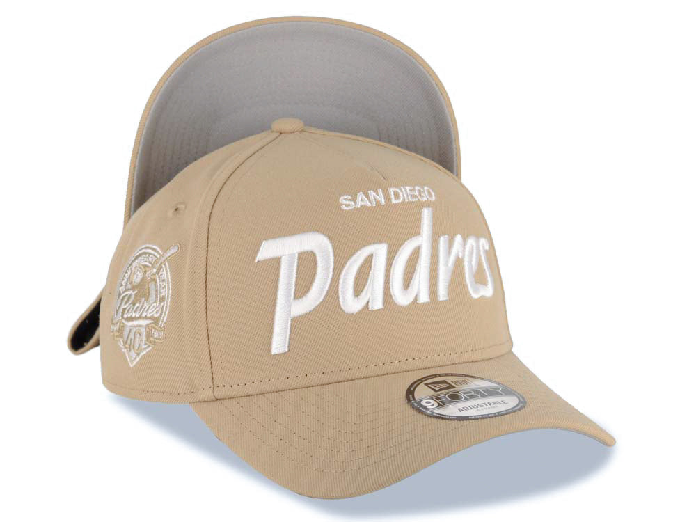 San Diego Padres New Era MLB 9FORTY 940 Adjustable A-Frame Cap Hat Khaki Crown/Visor White Script/Text Logo 40th Anniversary Side Patch Gray UV