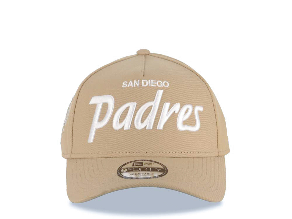 San Diego Padres New Era MLB 9FORTY 940 Adjustable A-Frame Cap Hat Khaki Crown/Visor White Script/Text Logo 40th Anniversary Side Patch Gray UV