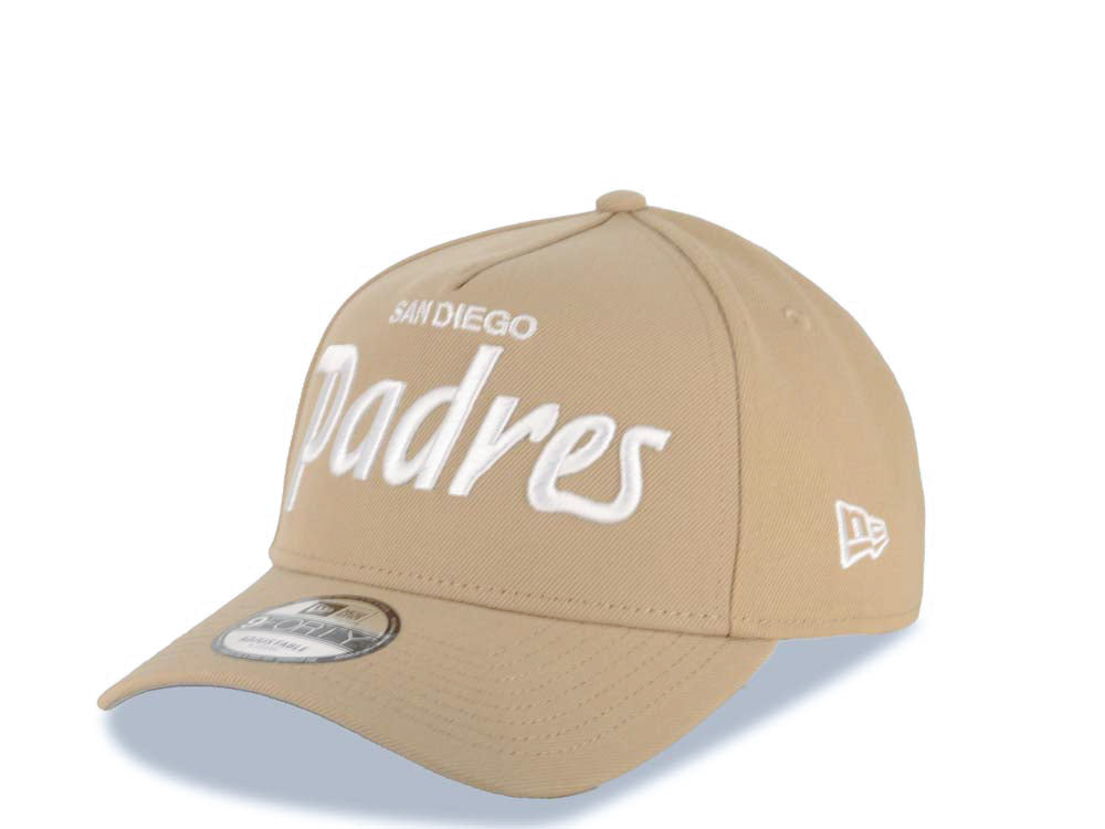 San Diego Padres New Era MLB 9FORTY 940 Adjustable A-Frame Cap Hat Khaki Crown/Visor White Script/Text Logo 40th Anniversary Side Patch Gray UV