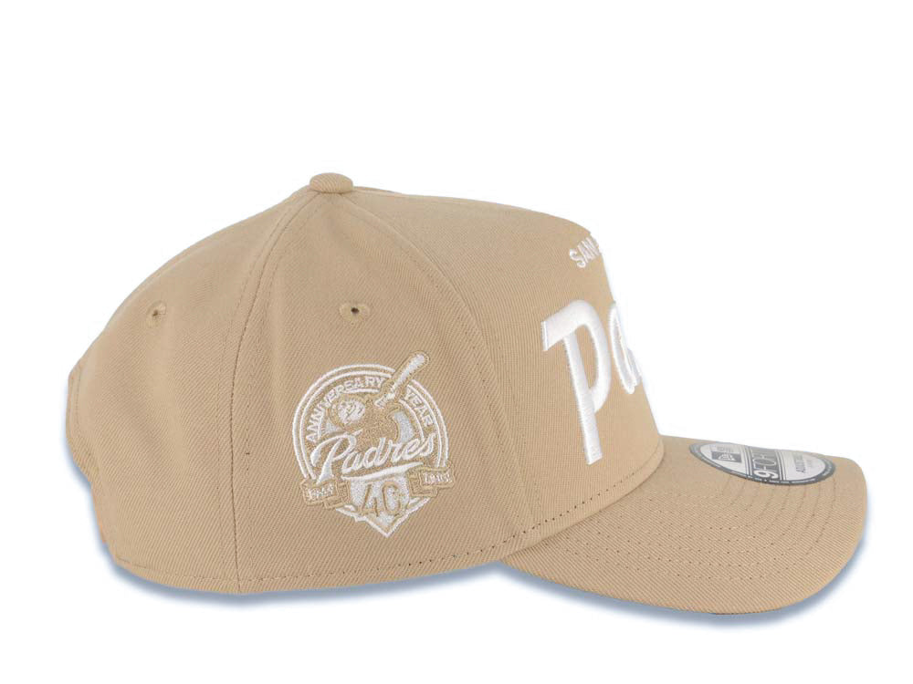 San Diego Padres New Era MLB 9FORTY 940 Adjustable A-Frame Cap Hat Khaki Crown/Visor White Script/Text Logo 40th Anniversary Side Patch Gray UV