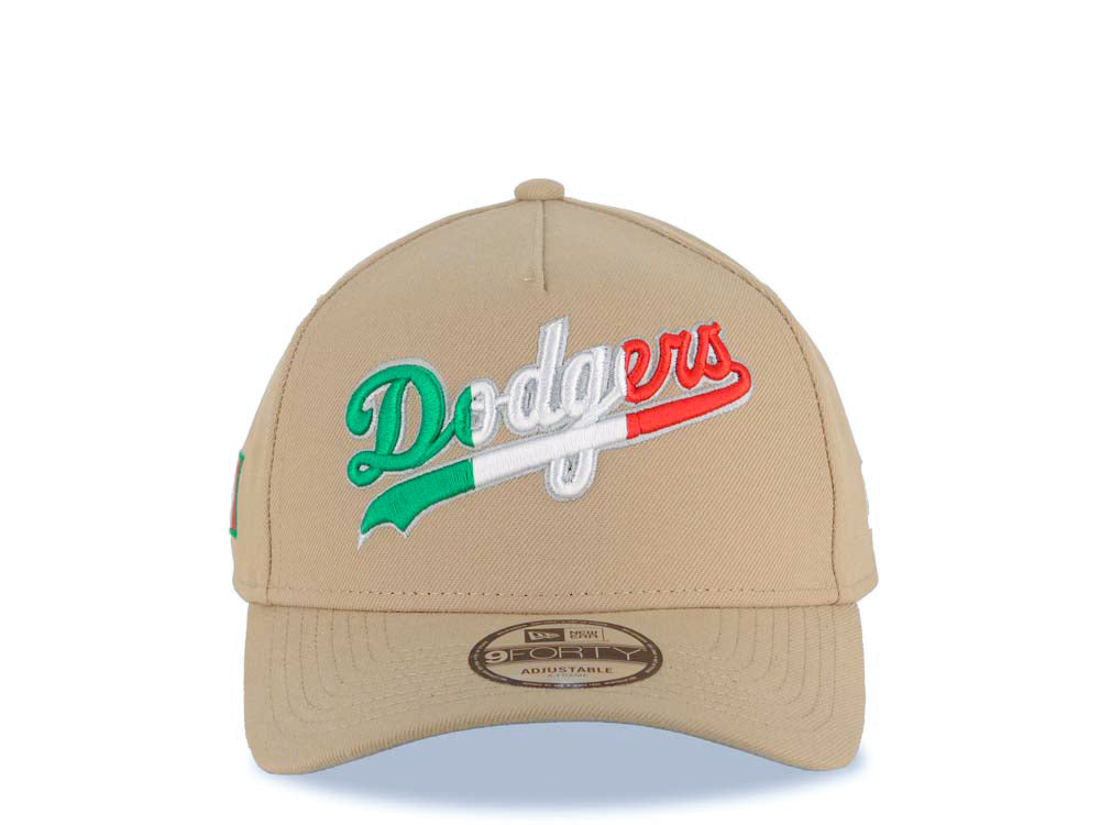 Los Angeles Dodgers New Era MLB 9FORTY 940 Adjustable A-Frame Cap Hat Khaki Crown/Visor Green/White/Red Script Logo Mexico Flag Side Patch Gray UV