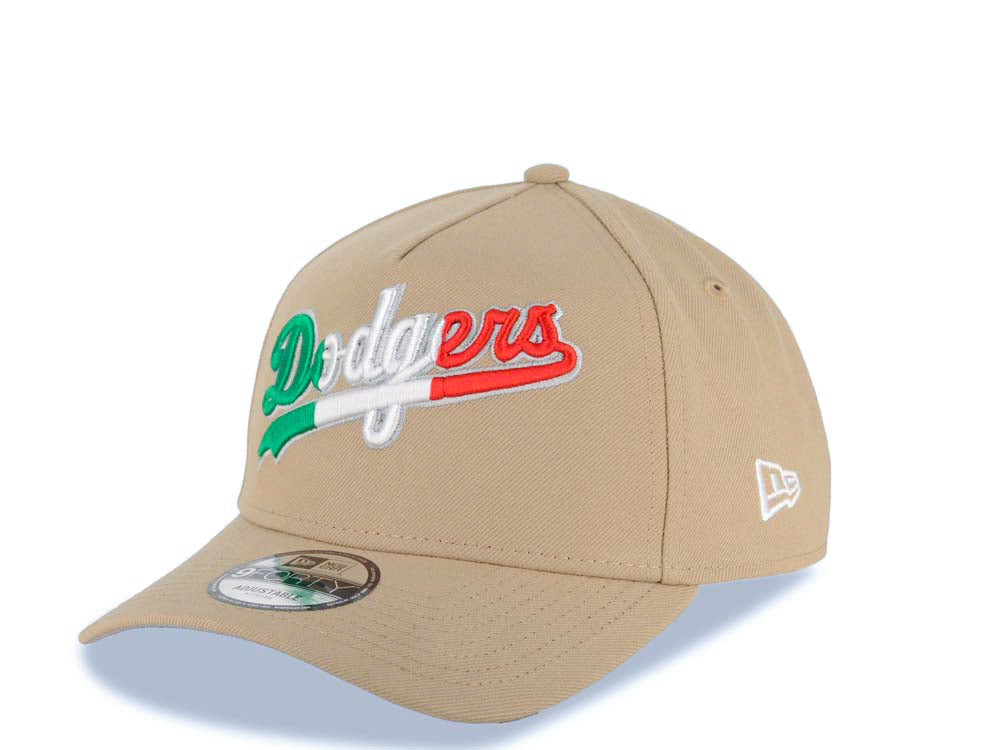 Los Angeles Dodgers New Era MLB 9FORTY 940 Adjustable A-Frame Cap Hat Khaki Crown/Visor Green/White/Red Script Logo Mexico Flag Side Patch Gray UV