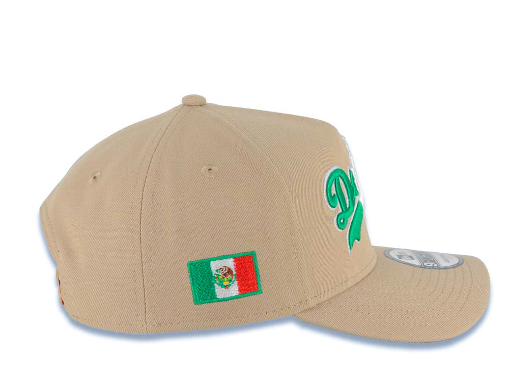 Los Angeles Dodgers New Era MLB 9FORTY 940 Adjustable A-Frame Cap Hat Khaki Crown/Visor Green/White/Red Script Logo Mexico Flag Side Patch Gray UV