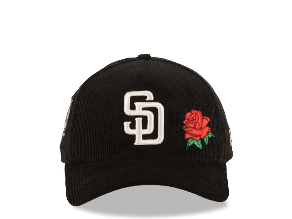 (Corduroy) San Diego Padres New Era MLB 9FORTY 940 Adjustable A-Frame Cap Hat Black Crown/Visor White Logo With Rose 40th Anniversary Side Patch