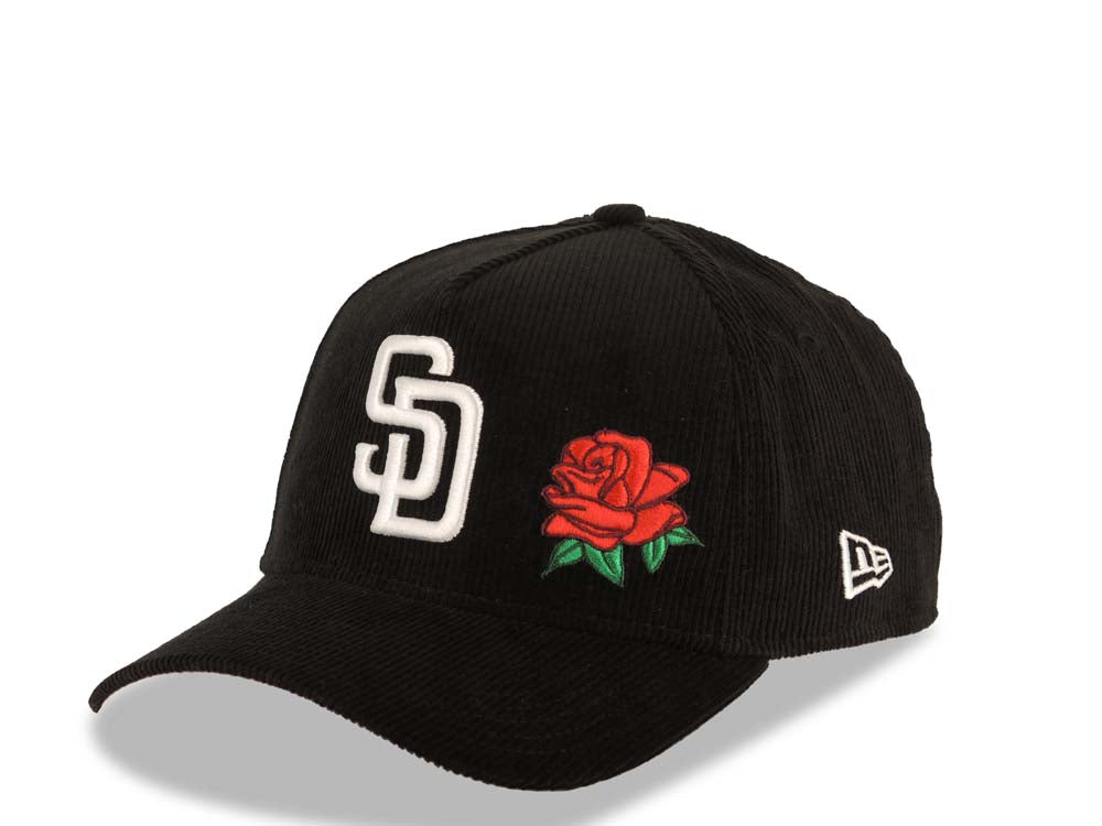 (Corduroy) San Diego Padres New Era MLB 9FORTY 940 Adjustable A-Frame Cap Hat Black Crown/Visor White Logo With Rose 40th Anniversary Side Patch
