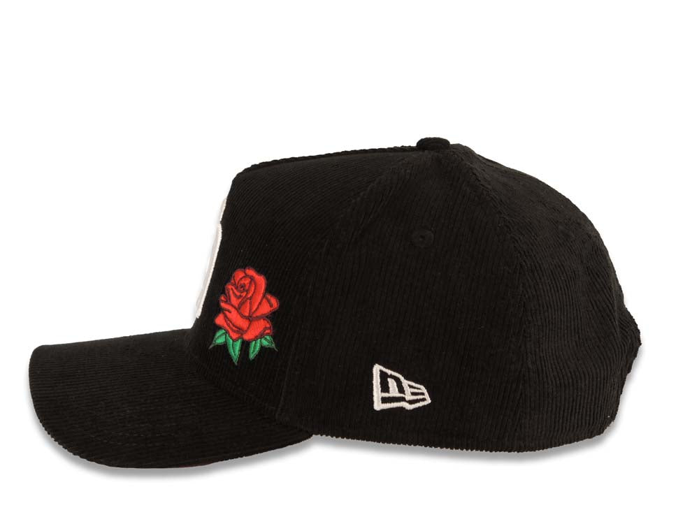 (Corduroy) San Diego Padres New Era MLB 9FORTY 940 Adjustable A-Frame Cap Hat Black Crown/Visor White Logo With Rose 40th Anniversary Side Patch