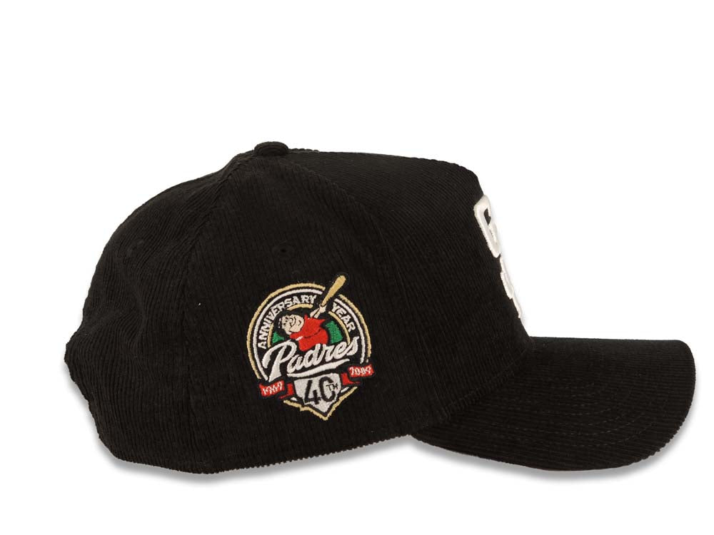 (Corduroy) San Diego Padres New Era MLB 9FORTY 940 Adjustable A-Frame Cap Hat Black Crown/Visor White Logo With Rose 40th Anniversary Side Patch