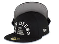 San Diego Padres New Era MLB 59FIFTY 5950 Fitted Cap Hat Black Crown/Visor White Logo 1969 Major League Baseball Text/Script Writing