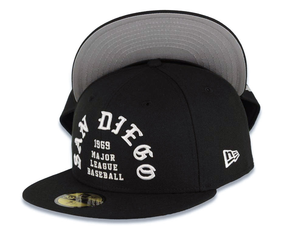 San Diego Padres New Era MLB 59FIFTY 5950 Fitted Cap Hat Black Crown/Visor White Logo 1969 Major League Baseball Text/Script Writing