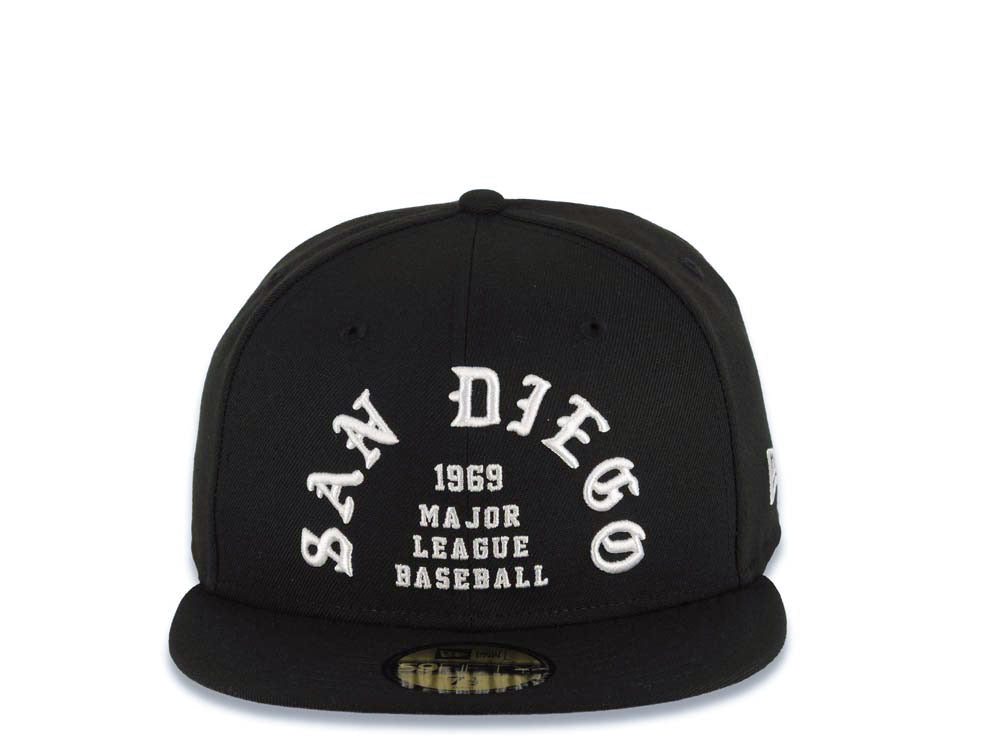 San Diego Padres New Era MLB 59FIFTY 5950 Fitted Cap Hat Black Crown/Visor White Logo 1969 Major League Baseball Text/Script Writing