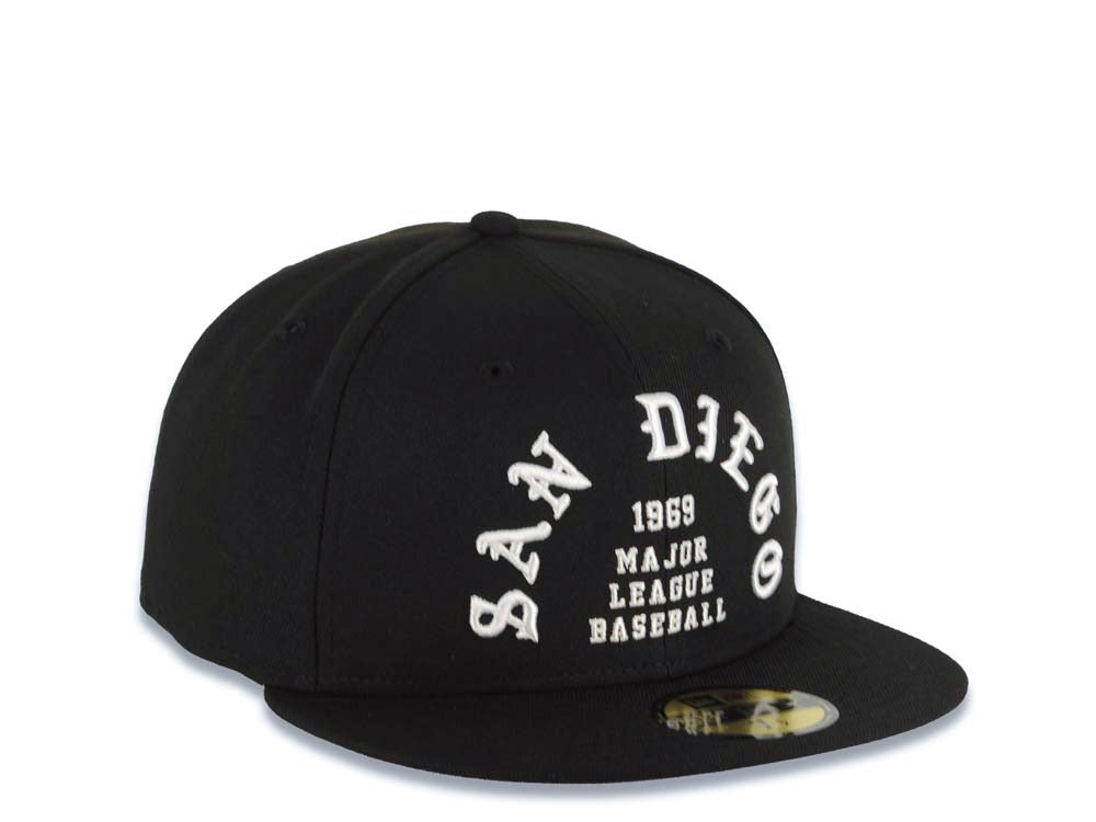 San Diego Padres New Era MLB 59FIFTY 5950 Fitted Cap Hat Black Crown/Visor White Logo 1969 Major League Baseball Text/Script Writing