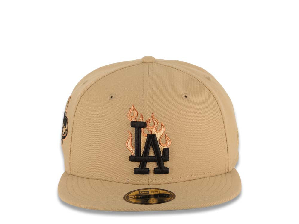 Los Angeles Dodgers New Era MLB 59FIFTY 5950 Fitted Cap Hat Khaki Crown/Visor Black Logo With Metallic Orange Flame Stadium Side Patch