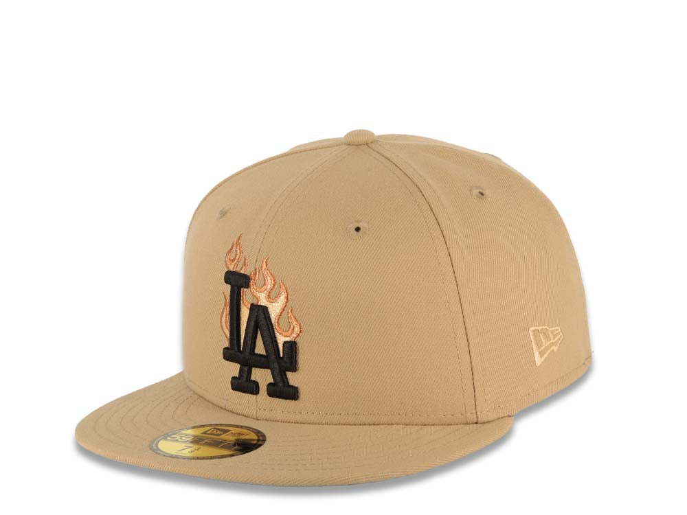 Los Angeles Dodgers New Era MLB 59FIFTY 5950 Fitted Cap Hat Khaki Crown/Visor Black Logo With Metallic Orange Flame Stadium Side Patch