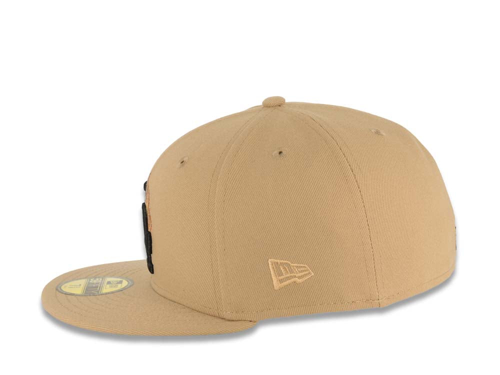 Los Angeles Dodgers New Era MLB 59FIFTY 5950 Fitted Cap Hat Khaki Crown/Visor Black Logo With Metallic Orange Flame Stadium Side Patch