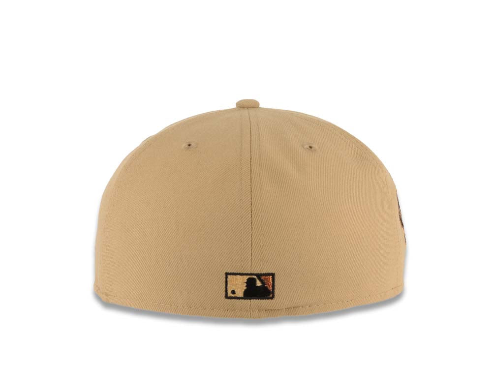 Los Angeles Dodgers New Era MLB 59FIFTY 5950 Fitted Cap Hat Khaki Crown/Visor Black Logo With Metallic Orange Flame Stadium Side Patch
