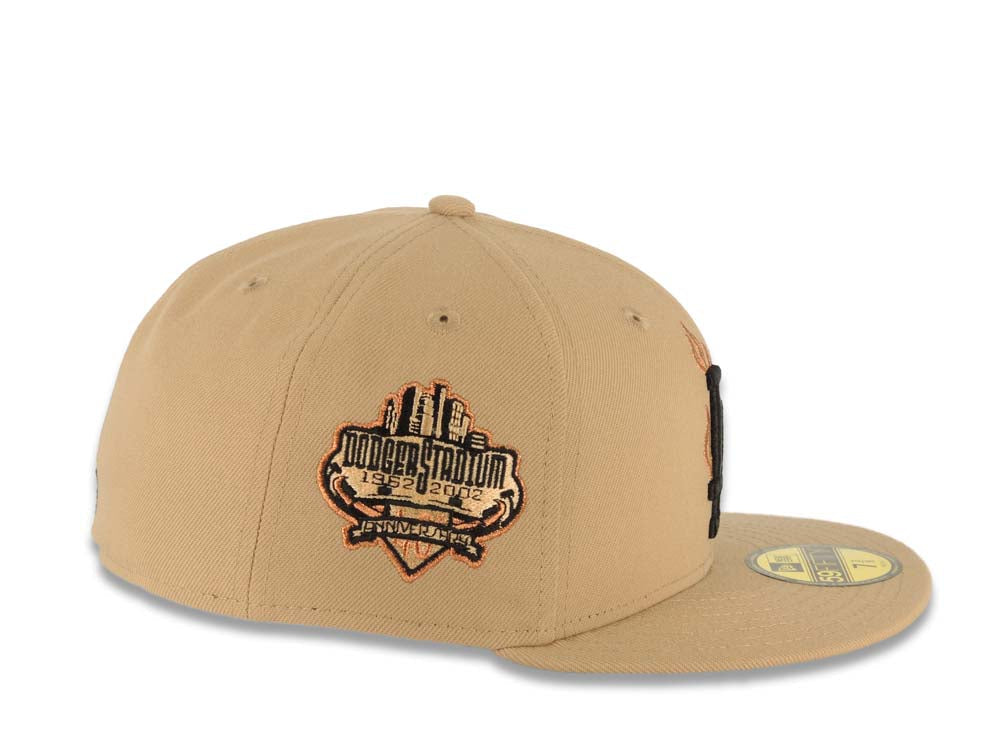 Los Angeles Dodgers New Era MLB 59FIFTY 5950 Fitted Cap Hat Khaki Crown/Visor Black Logo With Metallic Orange Flame Stadium Side Patch