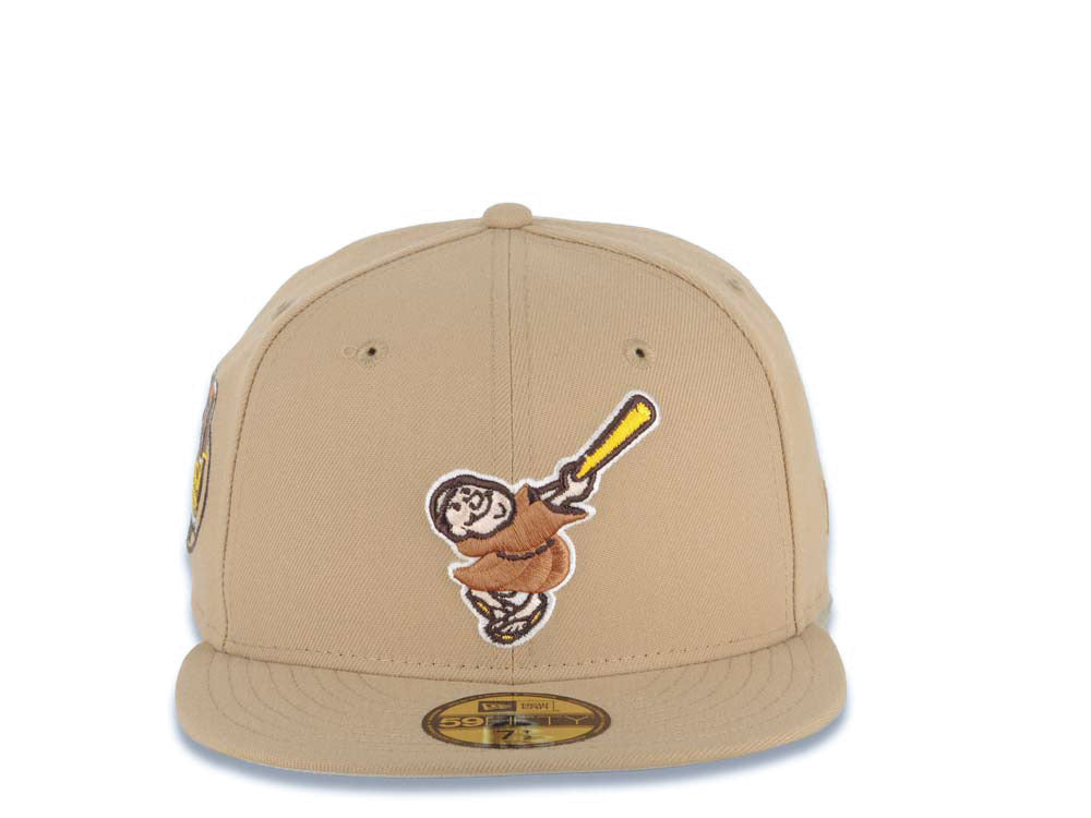 San Diego Padres New Era MLB 59FIFTY 5950 Fitted Cap Hat Khaki Crown/Visor Brown/Yellow Swinging Friar Logo 20th Anniversary Petco Park Side Patch