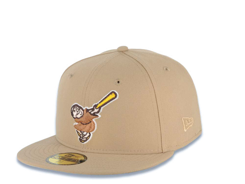 San Diego Padres New Era MLB 59FIFTY 5950 Fitted Cap Hat Khaki Crown/Visor Brown/Yellow Swinging Friar Logo 20th Anniversary Petco Park Side Patch