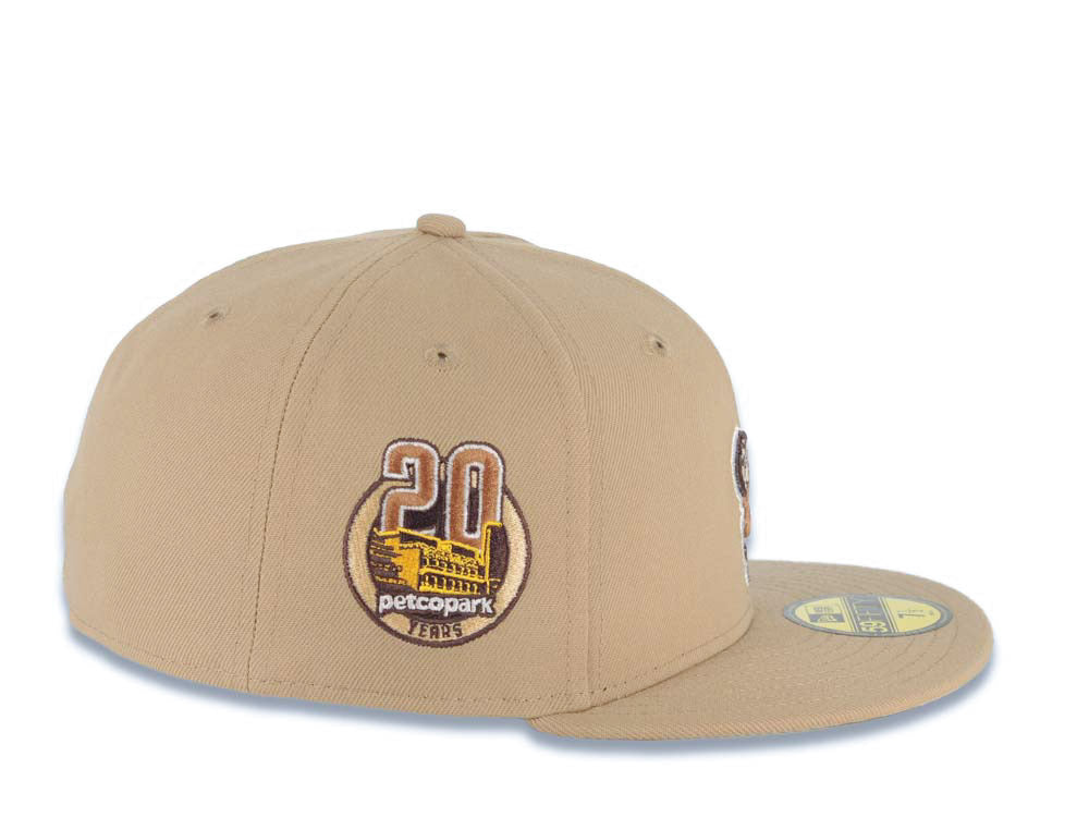 San Diego Padres New Era MLB 59FIFTY 5950 Fitted Cap Hat Khaki Crown/Visor Brown/Yellow Swinging Friar Logo 20th Anniversary Petco Park Side Patch