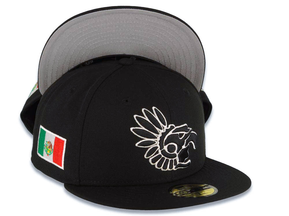 Mexico Aztec New Era WBC 59FIFTY 5950 Fitted Cap Hat Black Crown/Visor White Headdress Logo Mexico Flag Side Patch Gray UV