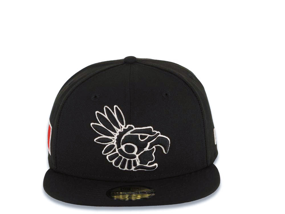 Mexico Aztec New Era WBC 59FIFTY 5950 Fitted Cap Hat Black Crown/Visor White Headdress Logo Mexico Flag Side Patch Gray UV