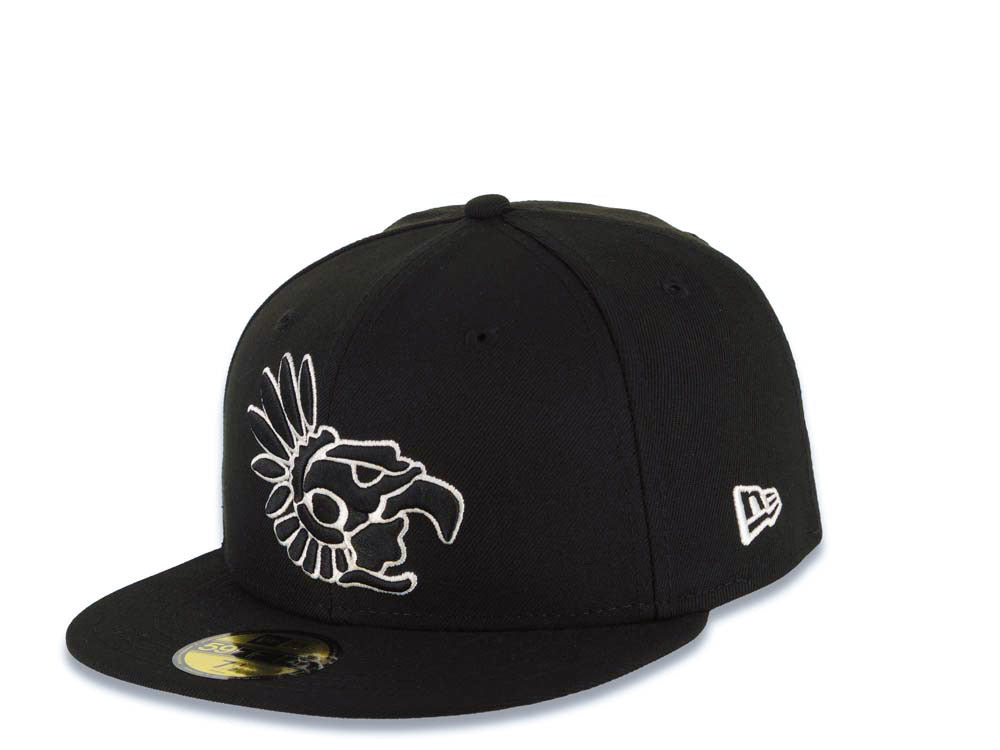 Mexico Aztec New Era WBC 59FIFTY 5950 Fitted Cap Hat Black Crown/Visor White Headdress Logo Mexico Flag Side Patch Gray UV