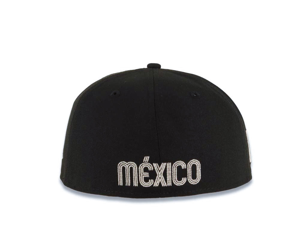 Mexico Aztec New Era WBC 59FIFTY 5950 Fitted Cap Hat Black Crown/Visor White Headdress Logo Mexico Flag Side Patch Gray UV
