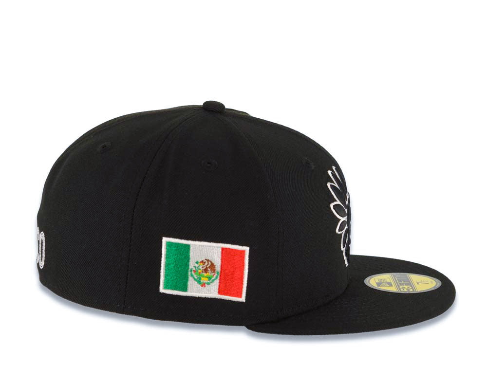 Mexico Aztec New Era WBC 59FIFTY 5950 Fitted Cap Hat Black Crown/Visor White Headdress Logo Mexico Flag Side Patch Gray UV