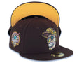 San Diego Padres New Era MLB 59FIFTY 5950 Fitted Cap Hat Dark Brown Crown/Visor Team Color Skeleton Sugar Skull Logo 40th Anniversary Side Patch Yellow UV