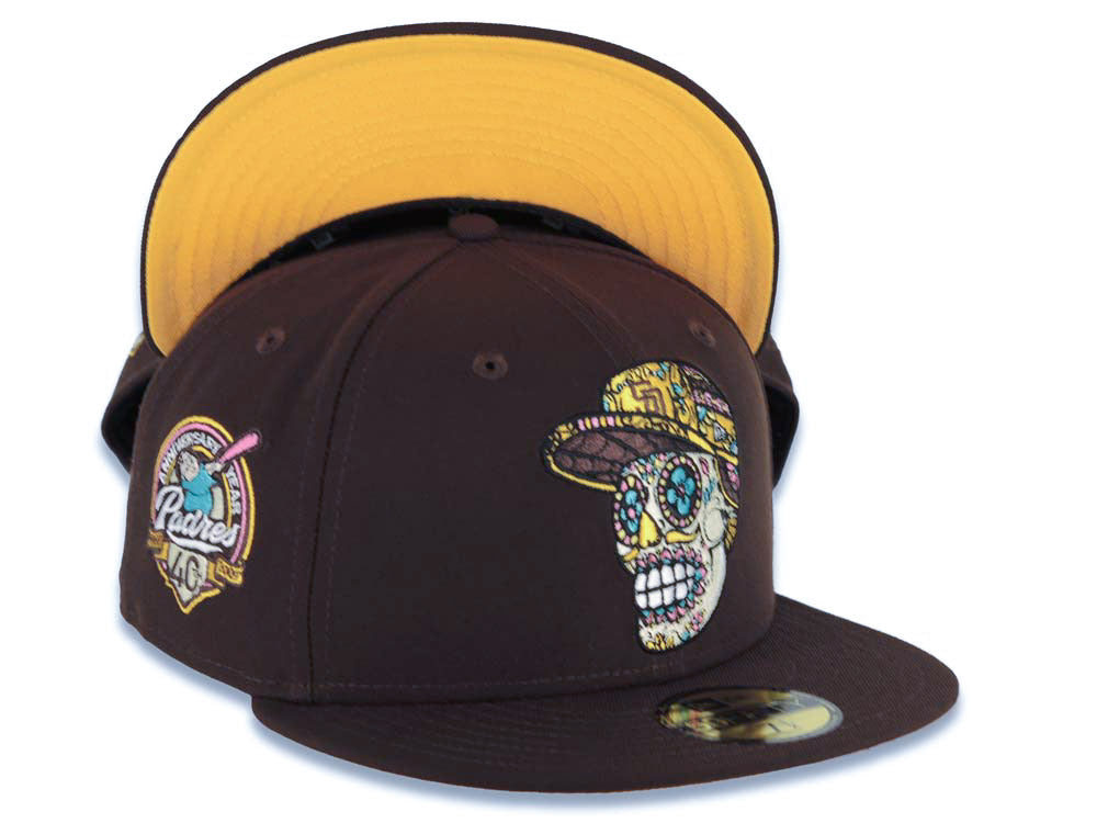 San Diego Padres New Era MLB 59FIFTY 5950 Fitted Cap Hat Dark Brown Crown/Visor Team Color Skeleton Sugar Skull Logo 40th Anniversary Side Patch Yellow UV