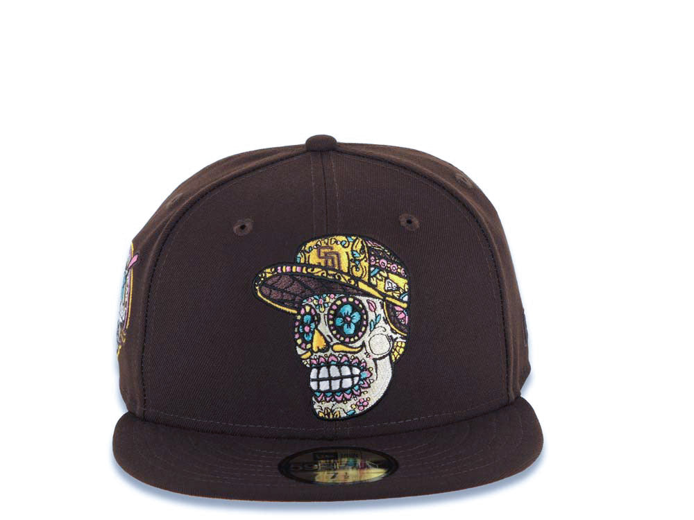San Diego Padres New Era MLB 59FIFTY 5950 Fitted Cap Hat Dark Brown Crown/Visor Team Color Skeleton Sugar Skull Logo 40th Anniversary Side Patch Yellow UV