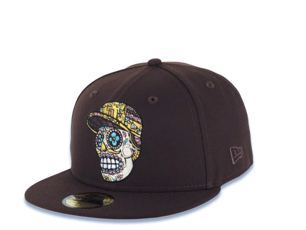 San Diego Padres New Era MLB 59FIFTY 5950 Fitted Cap Hat Dark Brown Crown/Visor Team Color Skeleton Sugar Skull Logo 40th Anniversary Side Patch Yellow UV