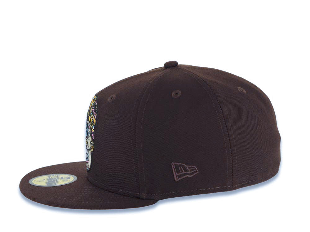 San Diego Padres New Era MLB 59FIFTY 5950 Fitted Cap Hat Dark Brown Crown/Visor Team Color Skeleton Sugar Skull Logo 40th Anniversary Side Patch Yellow UV