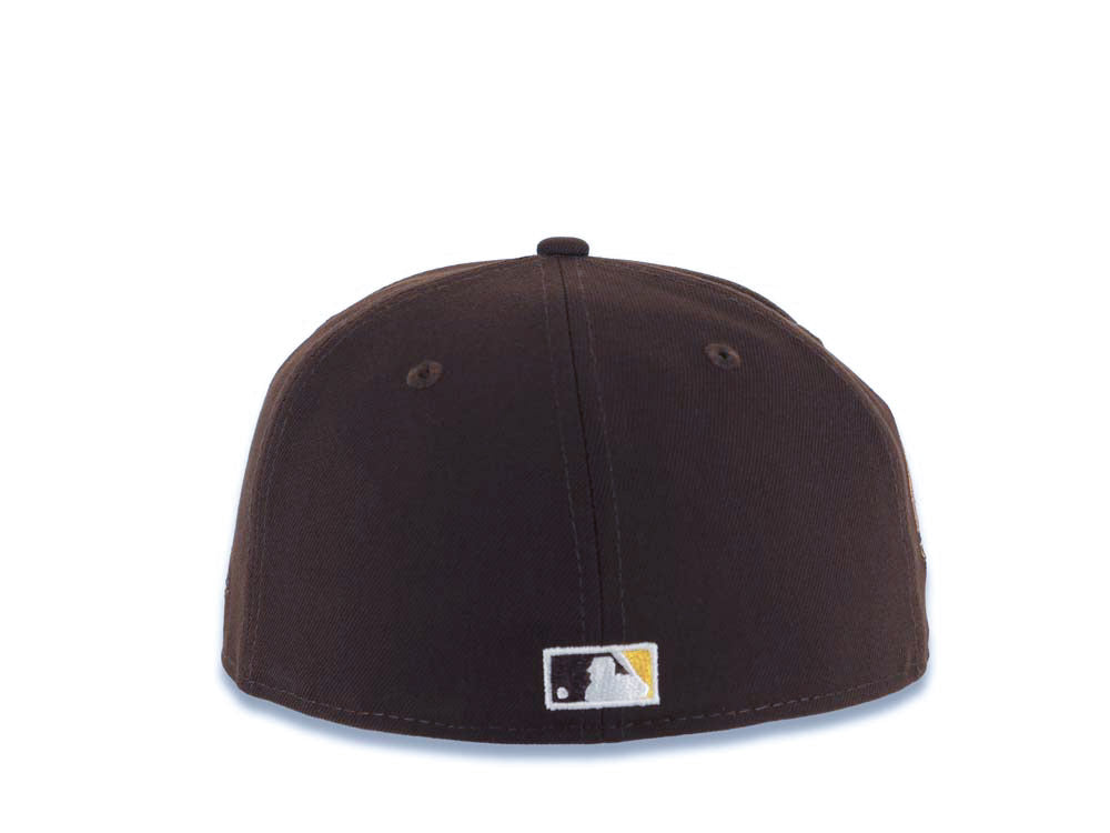 San Diego Padres New Era MLB 59FIFTY 5950 Fitted Cap Hat Dark Brown Crown/Visor Team Color Skeleton Sugar Skull Logo 40th Anniversary Side Patch Yellow UV