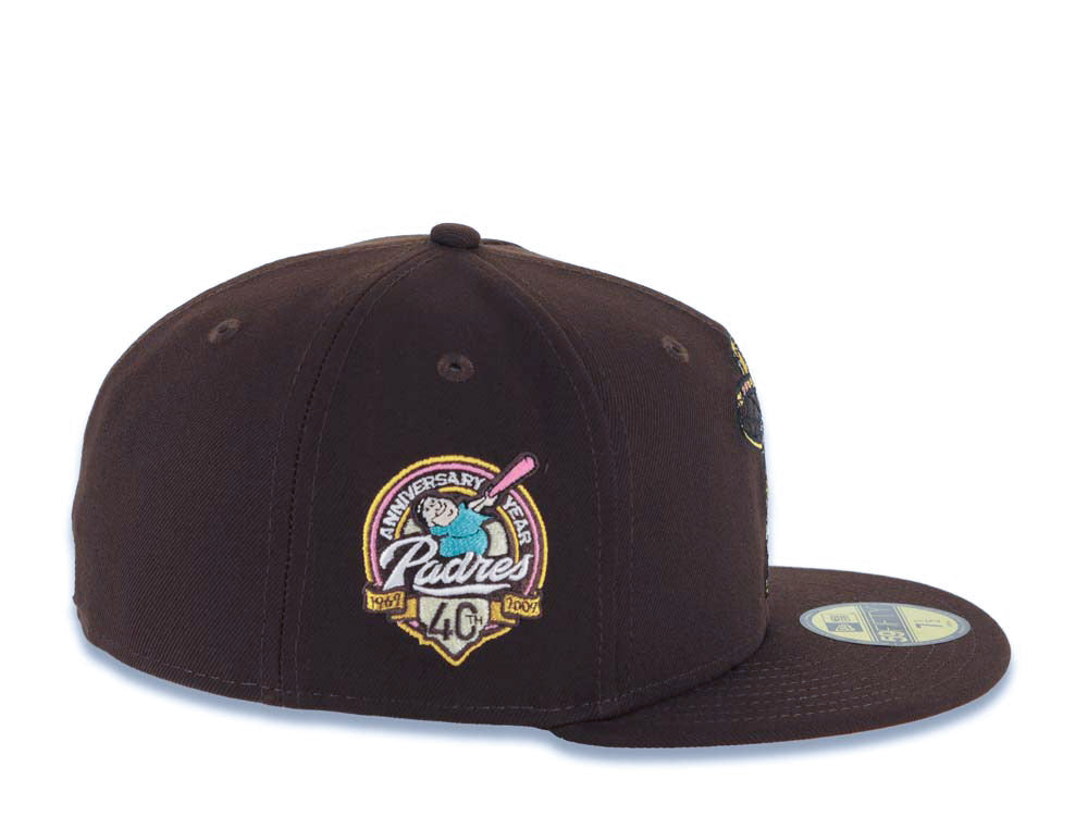 San Diego Padres New Era MLB 59FIFTY 5950 Fitted Cap Hat Dark Brown Crown/Visor Team Color Skeleton Sugar Skull Logo 40th Anniversary Side Patch Yellow UV