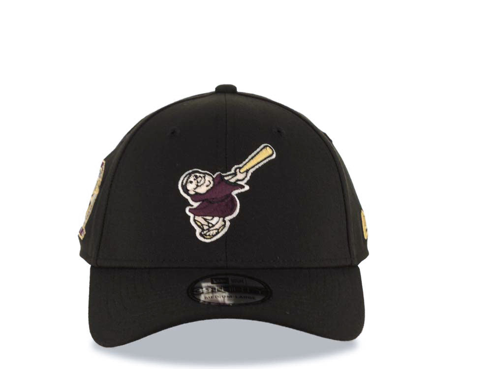San Diego Padres New Era MLB 39THIRTY 3930 Flexfit Cap Hat Black Crown/Visor Maroon/Yellow Swinging Friar Logo 25th Anniversary Side Patch Gray UV