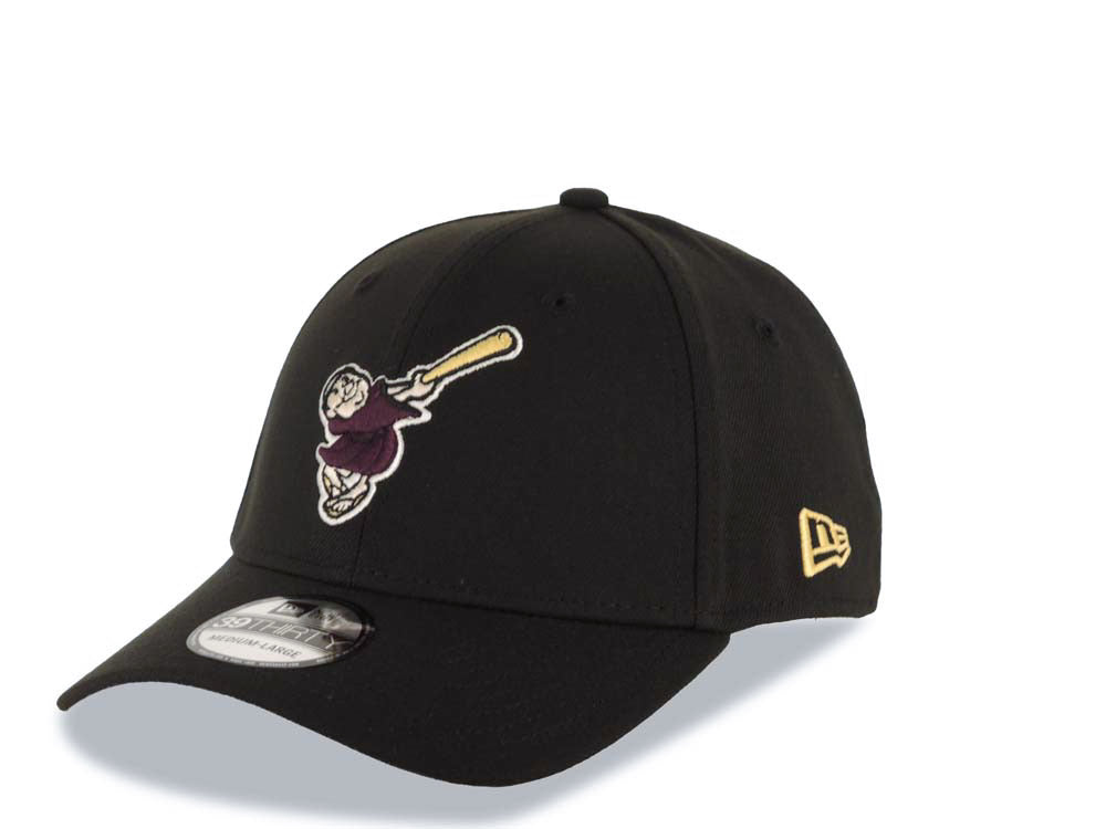 San Diego Padres New Era MLB 39THIRTY 3930 Flexfit Cap Hat Black Crown/Visor Maroon/Yellow Swinging Friar Logo 25th Anniversary Side Patch Gray UV